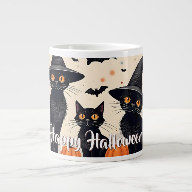 Caneca De Café Grande Três Gatos Pretos com Chapéus no Halloween (Frente)
