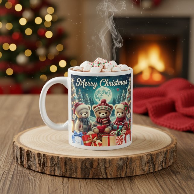 Caneca De Café Grande Três Ursos de Teddy Bonitos Feliz Natal (Criador carregado)