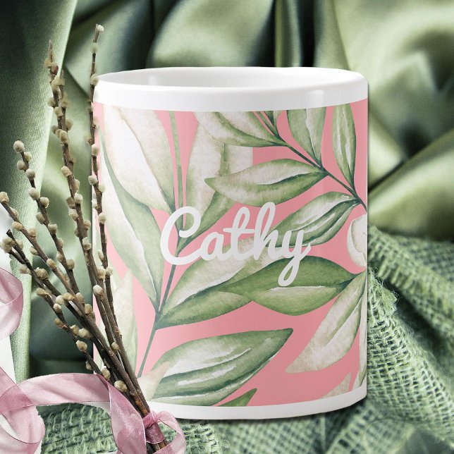 Caneca De Café Grande Tropical Island Pink, Blush, Green Floral  (Criador carregado)