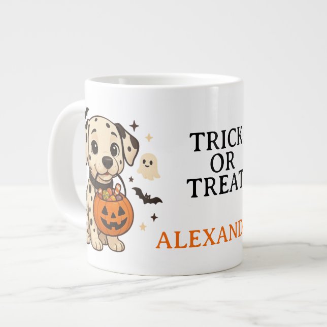 Caneca De Café Grande Truque de Cão Dalmático Halloween ou Tratar (Frente Esquerda)