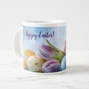 Caneca De Café Grande Tulipas de Páscoa pintadas encantadoras