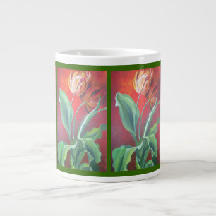 Caneca De Café Grande Tulipas Vermelhas e Amarelas Artísticas