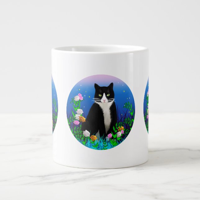 Caneca De Café Grande Tuxedo Cat com Flores Mug (Frente)