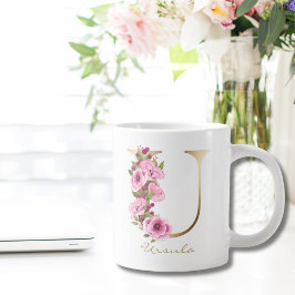 Caneca De Café Grande U - Letra Dourada Monograma cor-de-rosa magenta