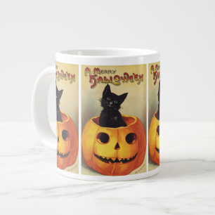 Caneca De Café Grande Um Feliz de Halloween, Gato Preto Vintage em Pumpk