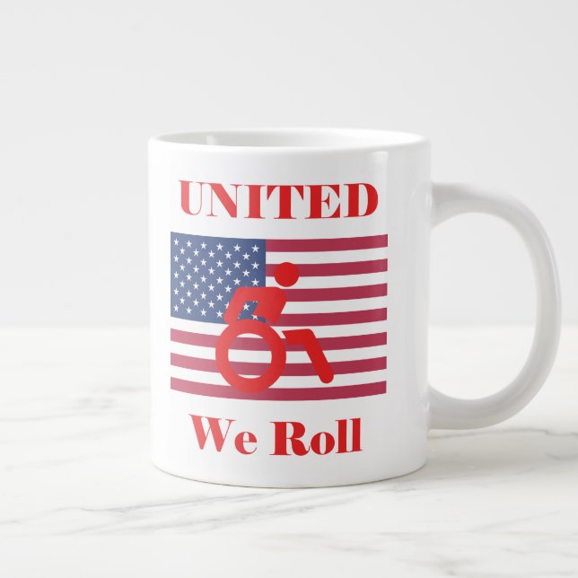 Caneca De Café Grande United We Roll - cadeira de rodas e bandeira ameri (Direita)