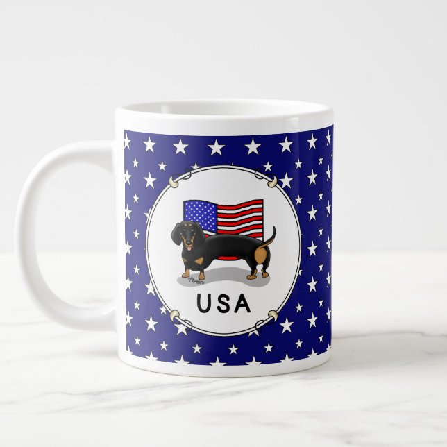 Caneca De Café Grande USA American Flag Dachshund Dachsie (preto & tan) (Esquerda)