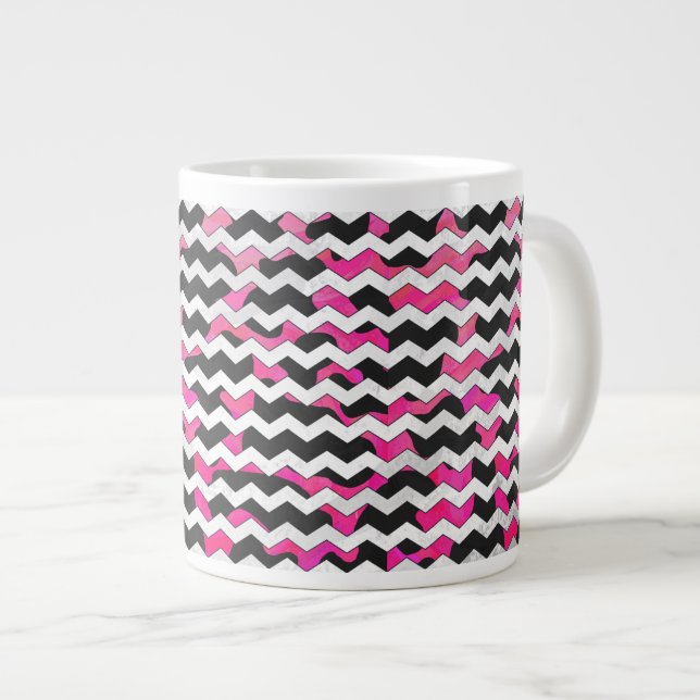 Caneca De Café Grande Vaca Chevron, rosa quente e Impressão preto (Frente Esquerda)