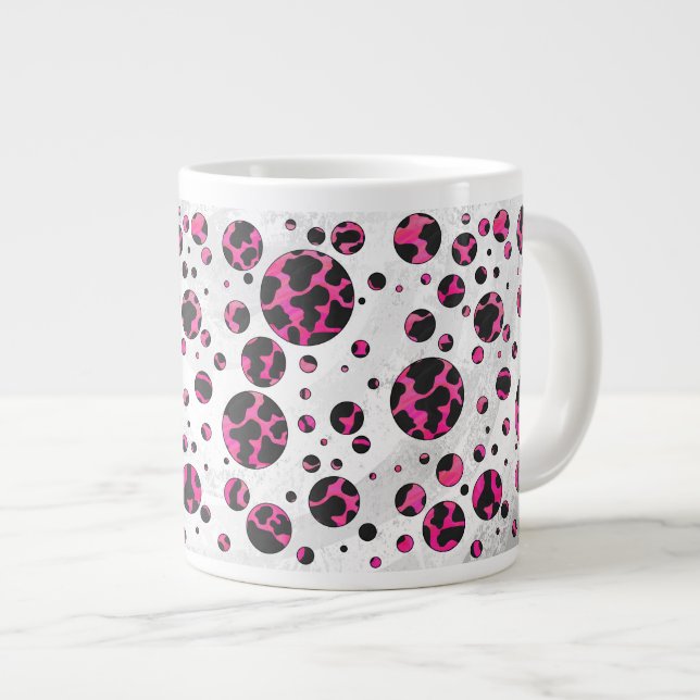 Caneca De Café Grande Vaca de Bolinhas Impressão Rosa Choque e Preto (Frente Esquerda)
