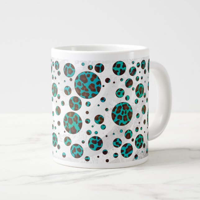 Caneca De Café Grande Vaca de Bolinhas Marrom e Estampa Azul-petróleo (Frente Esquerda)