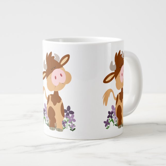 Caneca De Café Grande Vaca de desenho animado fofa mastigando (Frente Esquerda)