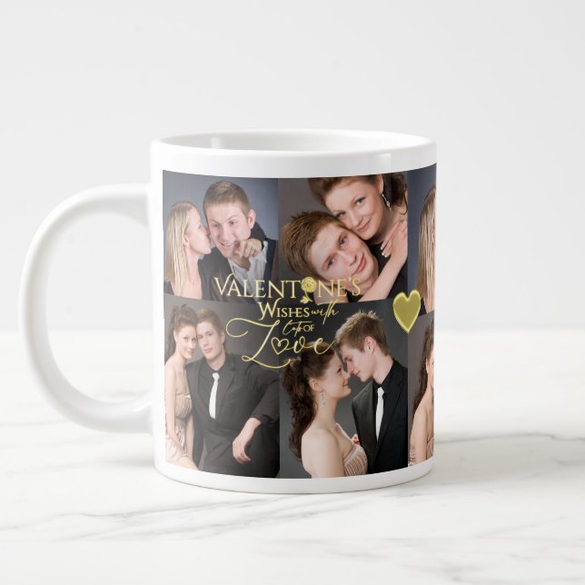 Caneca De Café Grande Valentine's Day Elegant Gold Photo Collage  (Esquerda)