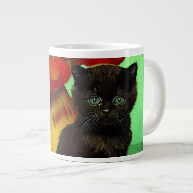 Caneca De Café Grande Van Gogh Black Kitten Red Flowers (Frente Esquerda)