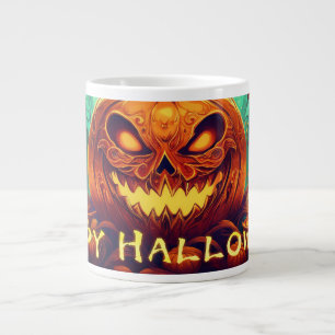 Caneca De Café Grande Velas de Abóbora Dentada Brilham Arte de Halloween