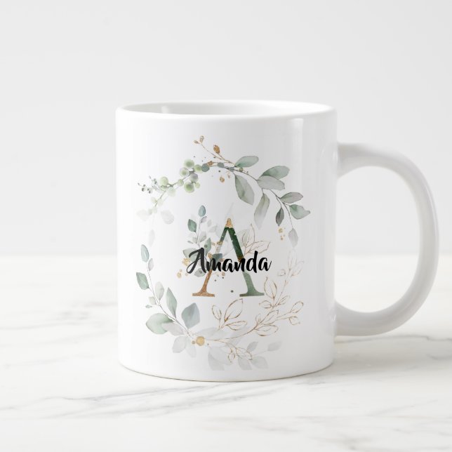 Caneca De Café Grande Verde Chic & Monograma Dourado "A" inicial com nom (Direita)