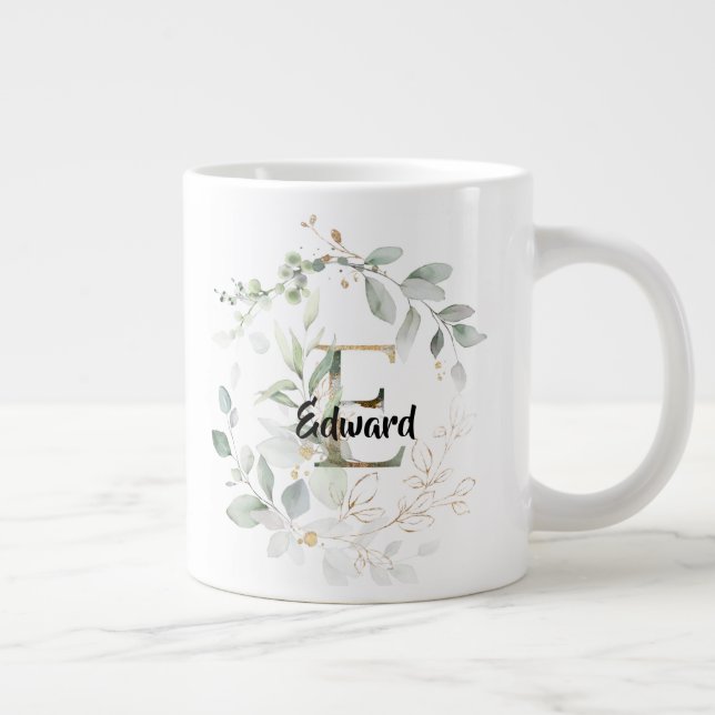 Caneca De Café Grande Verde w Dourado Deixa Monograma Nome 'E' Inicial (Direita)