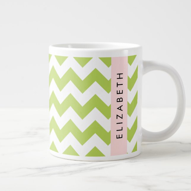 Caneca De Café Grande Verde Zigzag, Verde Chevron, Seu Nome (Direita)