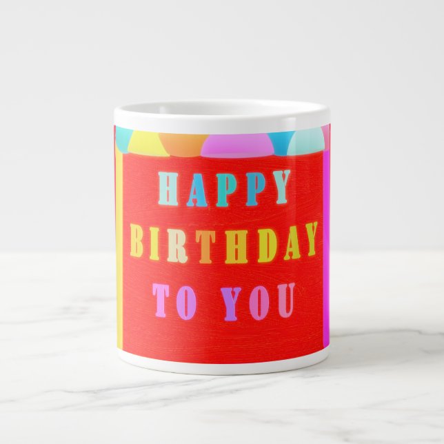 Caneca De Café Grande Vermelho brilhante e cores mistas feliz aniversári (Frente)