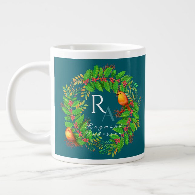 Caneca De Café Grande Verruga Natal Monograma Oceano Azul (Esquerda)