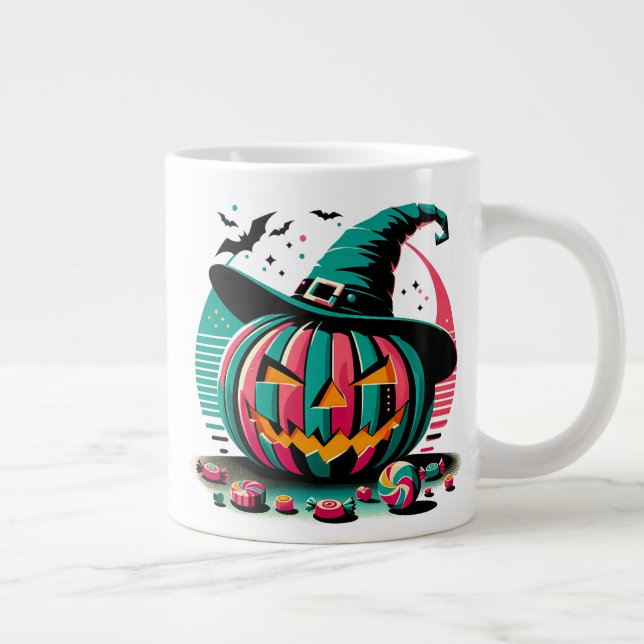 Caneca De Café Grande Vibrant Pop Art Witch Hat Pumpkin Halloween (Direita)