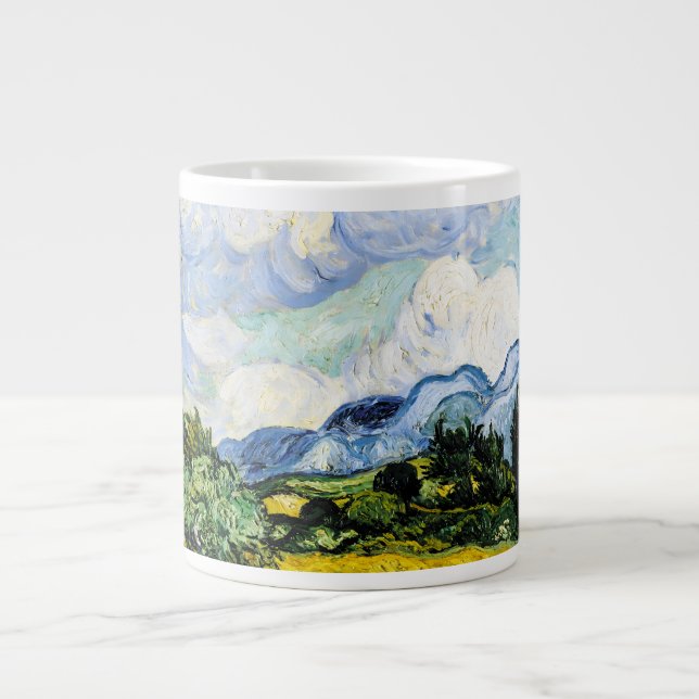 Caneca De Café Grande Vincent Van Gogh Wheat Field com Cyprestes (1889) (Frente)