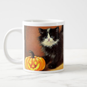 Caneca De Café Grande Vintage Black and White Halloween Kitten