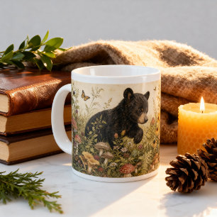 Caneca De Café Grande Vintage Floresta Ursinho Preto Cottagecore