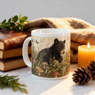 Caneca De Café Grande Vintage Floresta Ursinho Preto Cottagecore