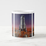 Caneca De Café Grande Vintage Science Fiction, Astronautas Beetle Aliens<br><div class="desc">Imagem de vintage: viagem de ficção científica futurista e imagem de foguete de transporte. Astronautas correndo até seu foguete escapando de aliens em forma de besouro em um planeta estrangeiro tentando voltar para a terra. Um clássico design de ficção científica de quadrinhos retrógrados do 50 do futuro.</div>
