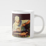 Caneca De Café Grande Vintage Science Fiction, Laboratory Mad Scientist<br><div class="desc">Vintage ilustra imagem futurista do laboratório de Ficção Científica com um cientista louco experimentando um ser humano em miniatura. O cientista maluco está misturando uma poção de elixir para despertar o robô macho adormecido em seu laboratório. Um clássico design de quadrinhos retrô de ficção científica.</div>