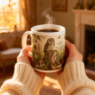 Caneca De Café Grande Vintage Woodland Botanical Owl Cottagecore