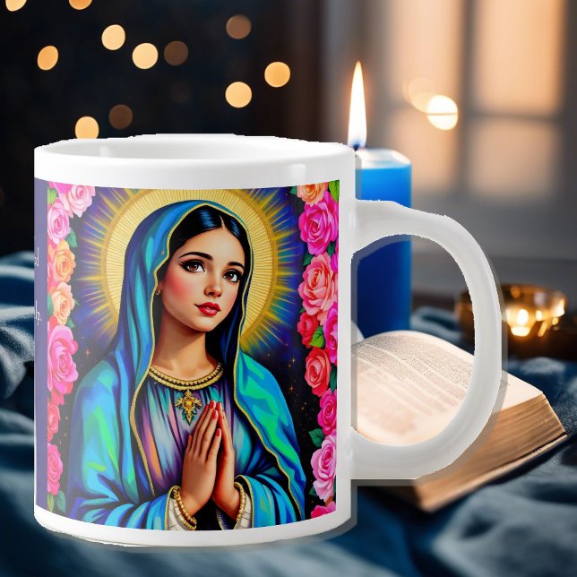 Caneca De Café Grande Virgem Mary Prayer Rosa Floral Blue Café (Criador carregado)