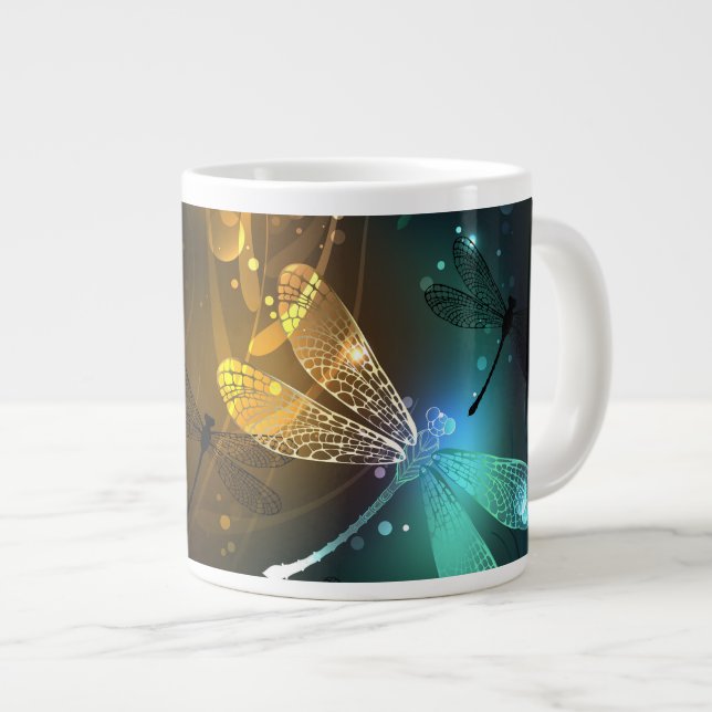 Caneca De Café Grande Voo luminoso verde de libélula (Frente Esquerda)