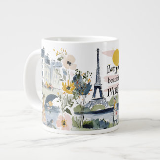 Caneca De Café Grande Watercolor Bonjour Beautiful Paris