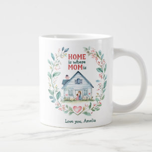 Caneca De Café Grande Watercolor Home é onde a mãe tem o nome personaliz