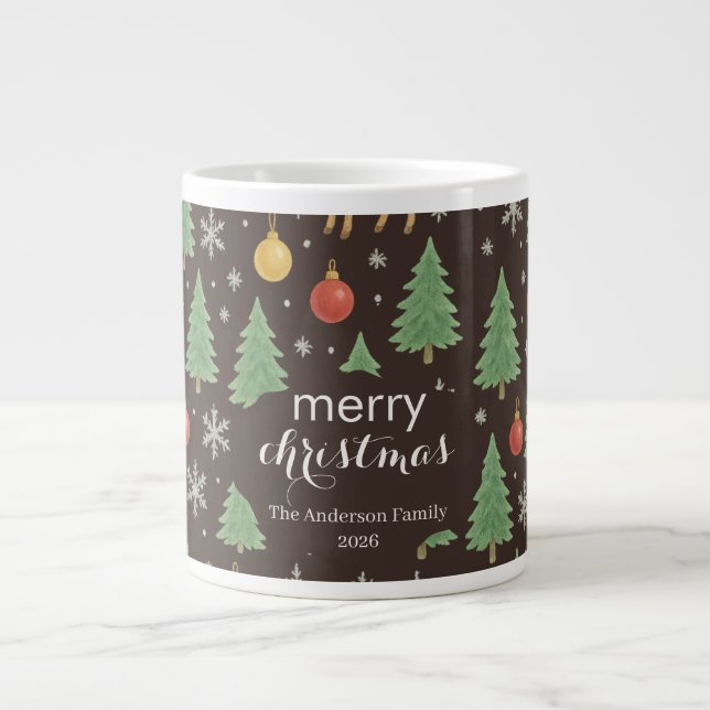 Caneca De Café Grande Watercolor Reindeer & Christmas Tree -  (Frente)
