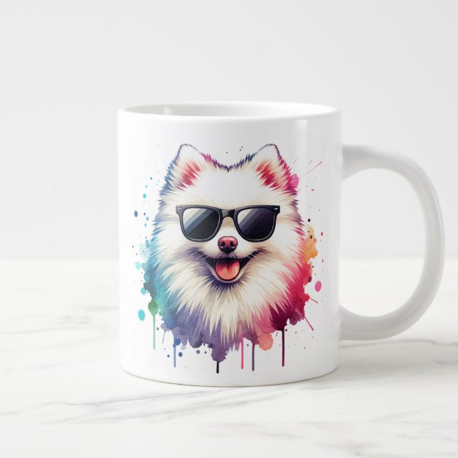 Caneca De Café Grande Weißer kleiner Spitz Hund mit Sonnenbrille (Direita)