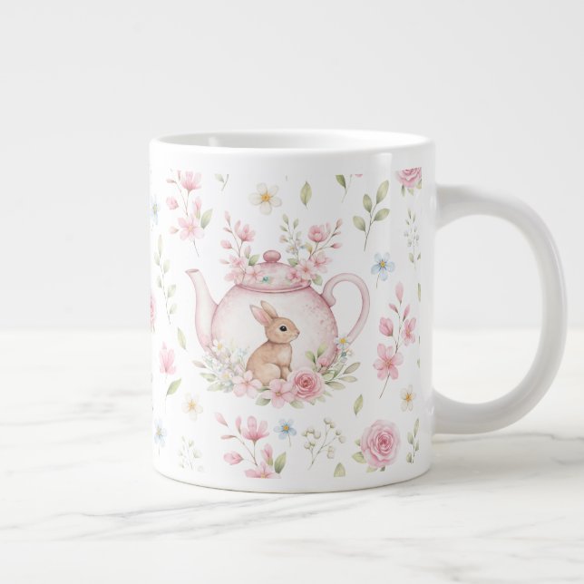 Caneca De Café Grande Whimsical Bunny Teapot Floral Spring  (Direita)