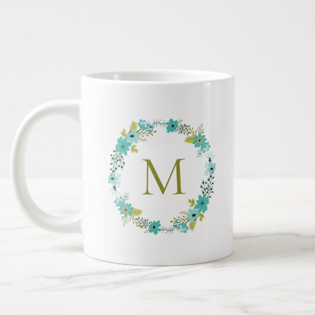 Caneca De Café Grande Whimsical Floral Wreath Monograma (Esquerda)