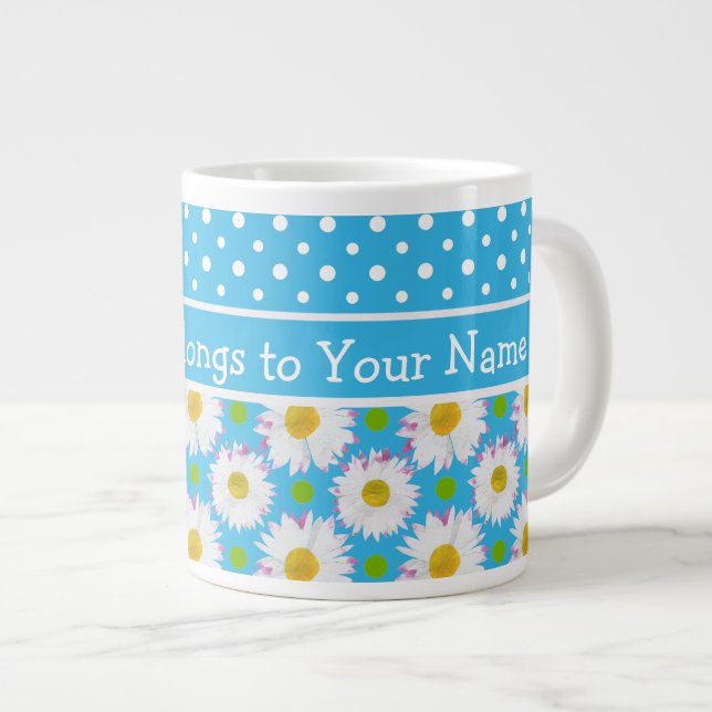 Caneca De Café Grande White Daisies e Bolinhas no Sky Blue (Frente Esquerda)