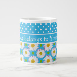 Caneca De Café Grande White Daisies e Bolinhas no Sky Blue