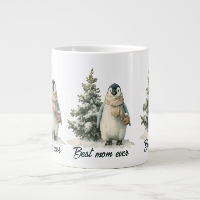 Caneca De Café Grande Winter Penguin “Best Mom Ever” Design (Frente)