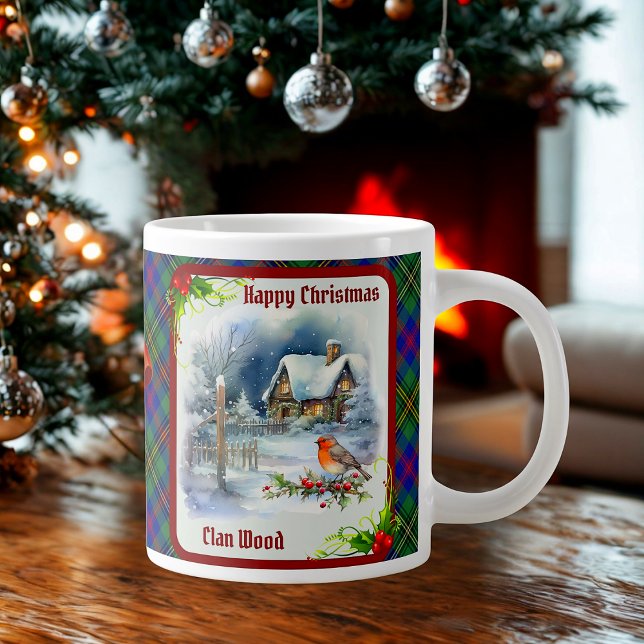 Caneca De Café Grande Wood Tartan & Robin Christmas Personalized (Criador carregado)
