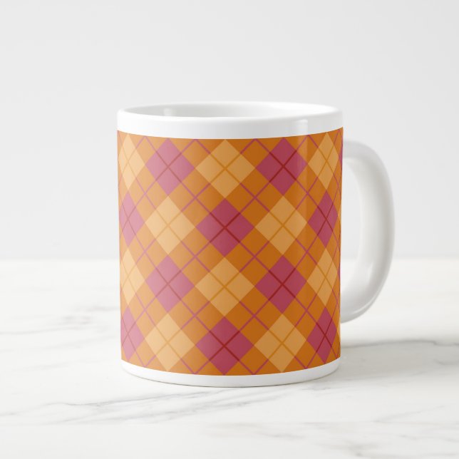 Caneca De Café Grande Xadrez de polarização em laranja e rosa (Frente Esquerda)