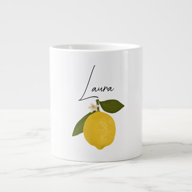 Caneca De Café Grande Yellow Lemon with Green Leaves | Fresh Citrus  (Frente)