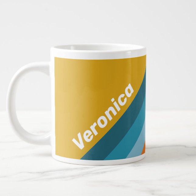 Caneca De Café Grande Yellow Retro Stripes with Name (Esquerda)