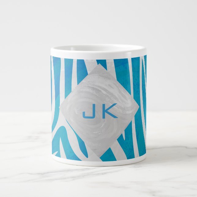 Caneca De Café Grande Zebra Azul e Branco com Monograma (Frente)