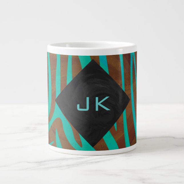 Caneca De Café Grande Zebra Brown e Teal com Monograma (Frente)