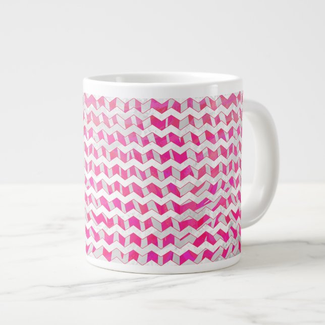 Caneca De Café Grande Zebra Chevron Branca, Rosa-Quente (Frente Esquerda)