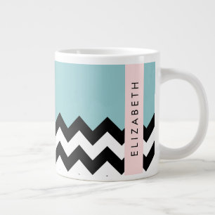 Caneca De Café Grande Zigzag preto-e-branco, Chevron, azul, seu nome